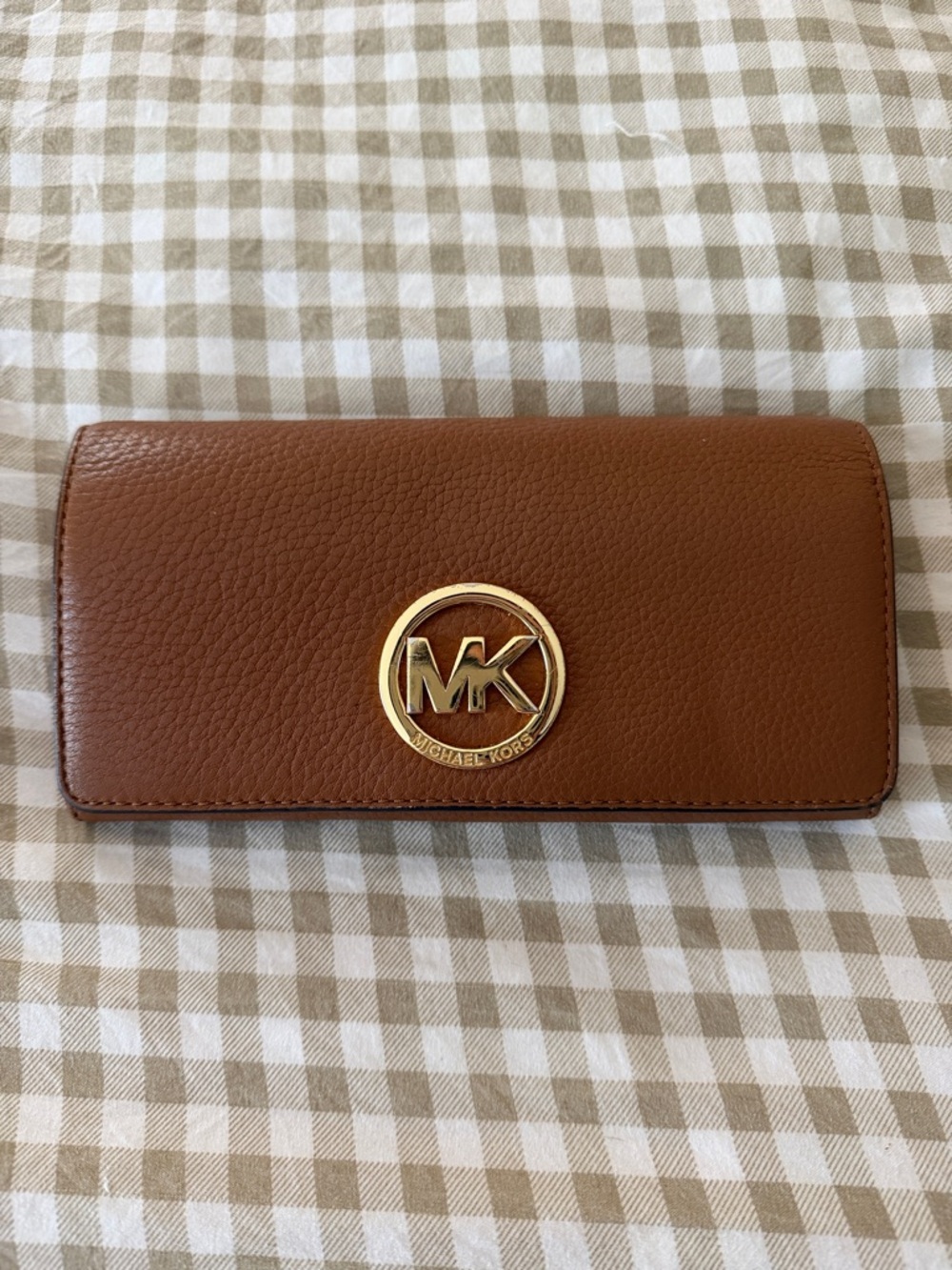 Michael Kors Tan Pebbled Leather Continental Wallet with Gold MK Emblem